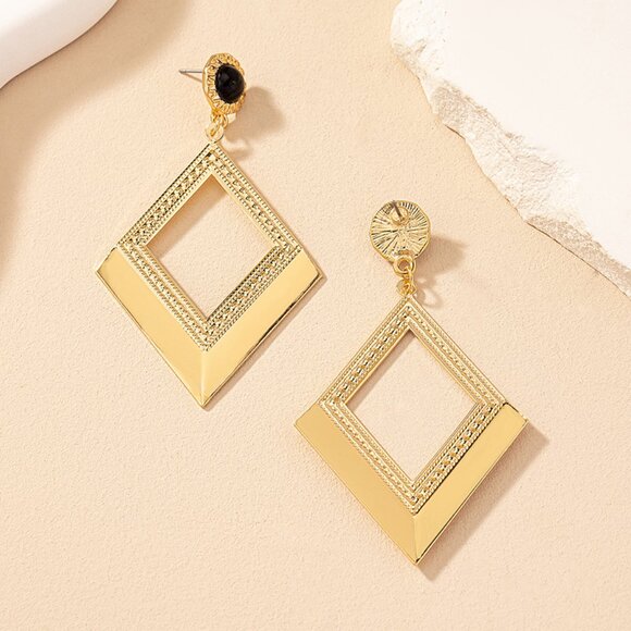 3/$35 Chunky 14K Gold Plated Large Dangle Drop Statement Earrings Rhombus - Picture 6 of 7